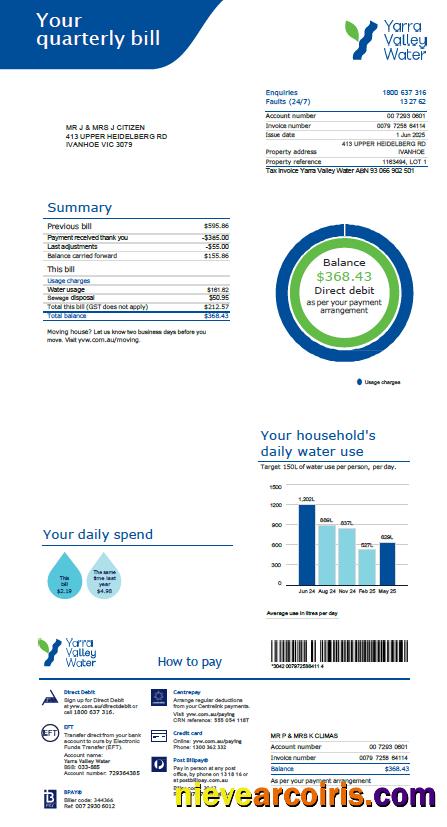 Australia Yarra Valley Water utility bill